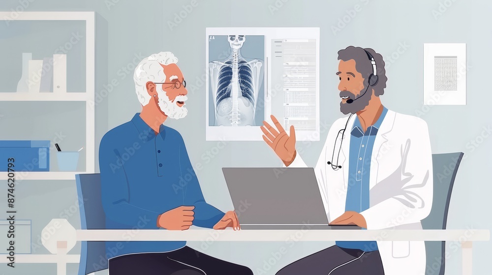 Digital health concept, doctor with headset, x-ray in hand, discussing with senior patient on laptop, vivid details Digital health concept, doctor with headset, x-ray in hand, discussing with senior patient on laptop, vivid details