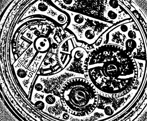 Clock mechanism and many gears.
The complex mechanism of a pocket watch.