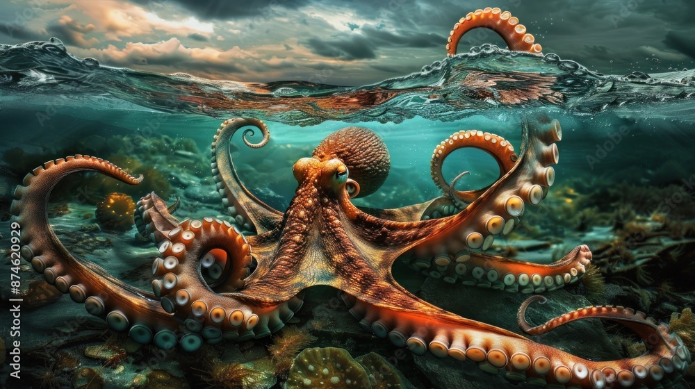 Octopus Underwater with Dramatic Sky Octopus Underwater with Dramatic Sky
