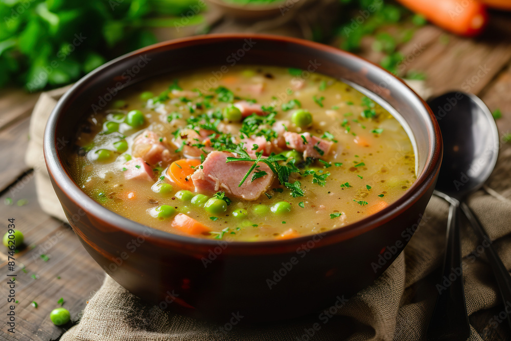 Homemade pea and ham soup with fresh herbs Homemade pea and ham soup with fresh herbs