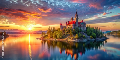 Sunset hues paint a scene with a ruby castle on a blue island surrounded by a silver lake, sunset, hues, paint, scene, ruby, castle © Sujid