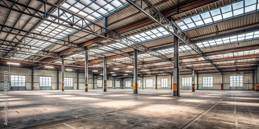 Spacious abandoned warehouse with a serene and silent atmosphere, spacious, interior, environment, silent, atmosphere Spacious abandoned warehouse with a serene and silent atmosphere, spacious, interior, environment, silent, atmosphere