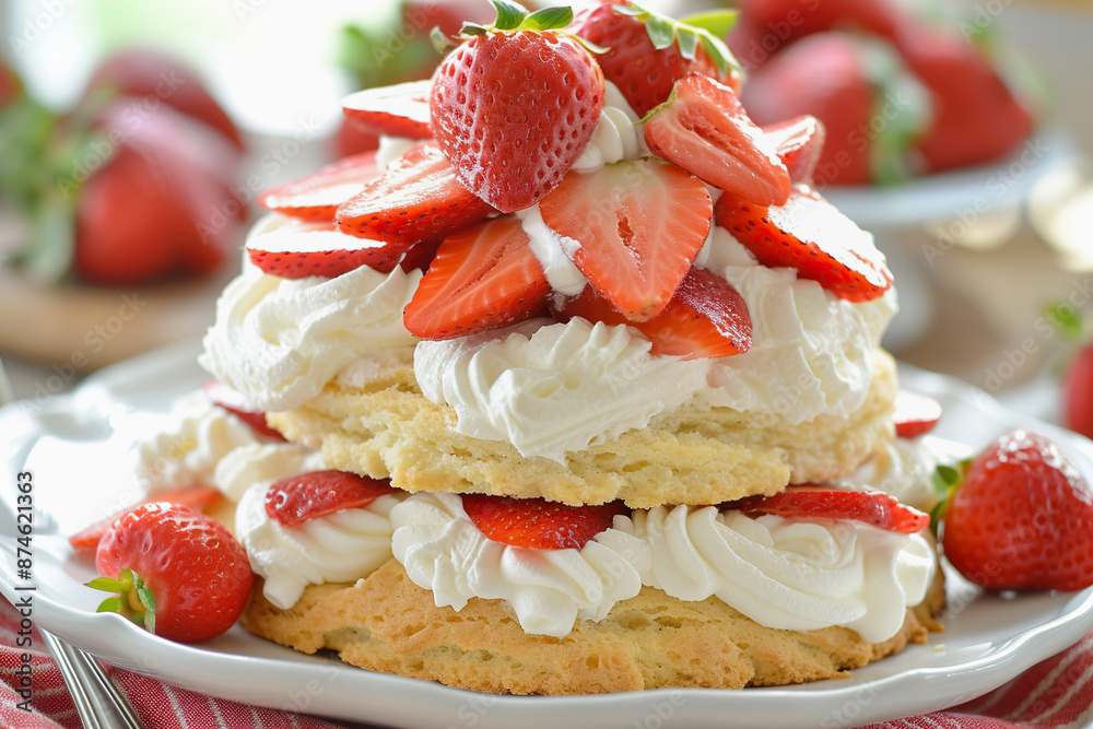 Strawberry Shortcake with Fresh whipped Cream and Sliced Strawberries Strawberry Shortcake with Fresh whipped Cream and Sliced Strawberries