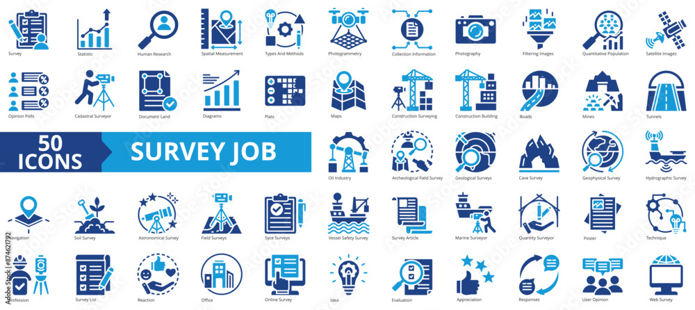 Survey job icon collection set. Containing statistic, measurement ...