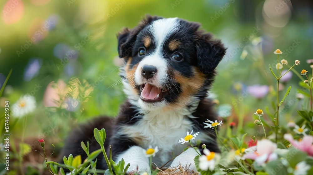 An adorable puppy frolicking in a vibrant meadow, surrounded by colorful flowers and lush greenery, capturing the essence of pure joy and playful innocence An adorable puppy frolicking in a vibrant meadow, surrounded by colorful flowers and lush greenery, capturing the essence of pure joy and playful innocence