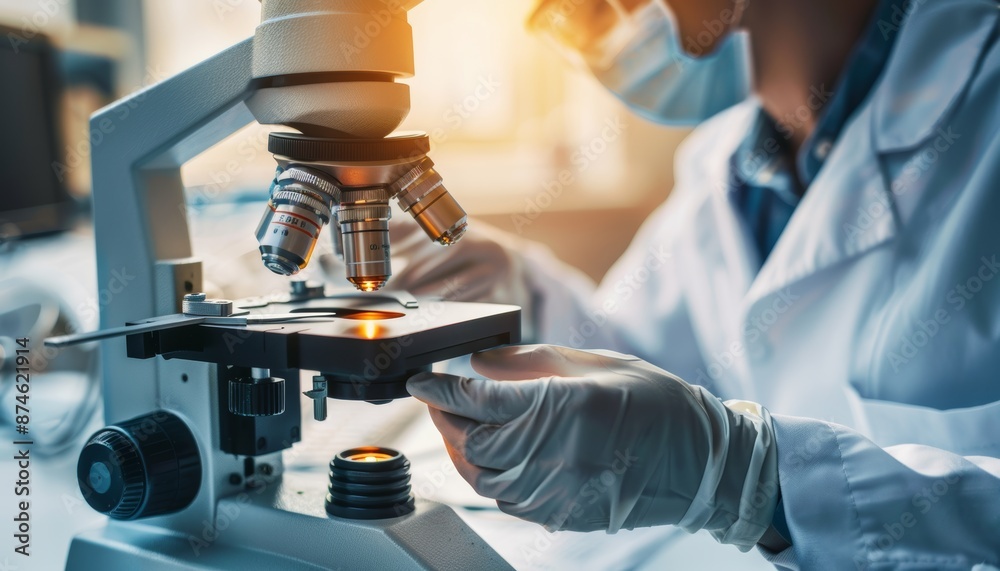 Scientist examining samples with microscope in medical laboratory for healthcare research banner Scientist examining samples with microscope in medical laboratory for healthcare research banner