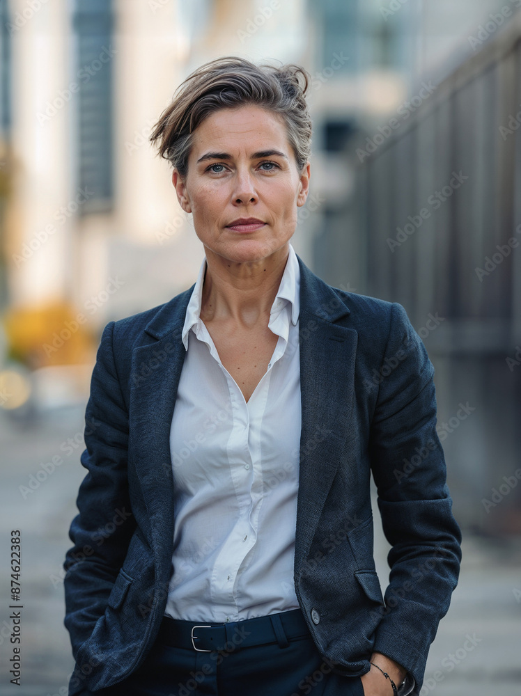 Obraz premium Professional businesswoman with short hair standing outdoors. Confident pose in navy suit and white shirt. Serious expression conveys determination. Urban background with buildings.