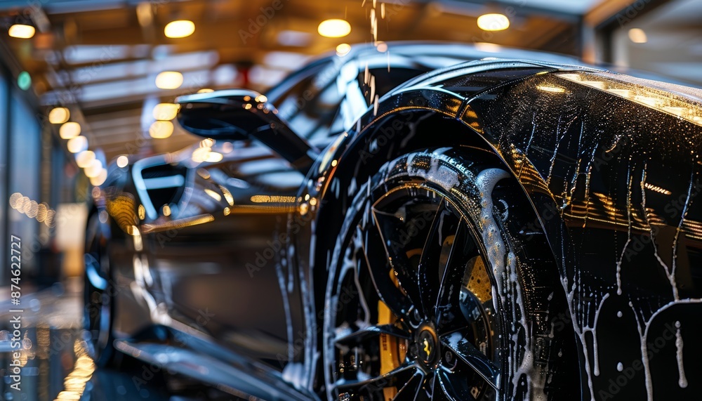 Professional car wash luxurious black sports car undergoes meticulous shampooing service Professional car wash luxurious black sports car undergoes meticulous shampooing service