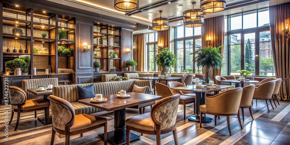 Sophisticated restaurant interior with elegant furniture and a relaxed atmosphere, restaurant, chilling out Sophisticated restaurant interior with elegant furniture and a relaxed atmosphere, restaurant, chilling out
