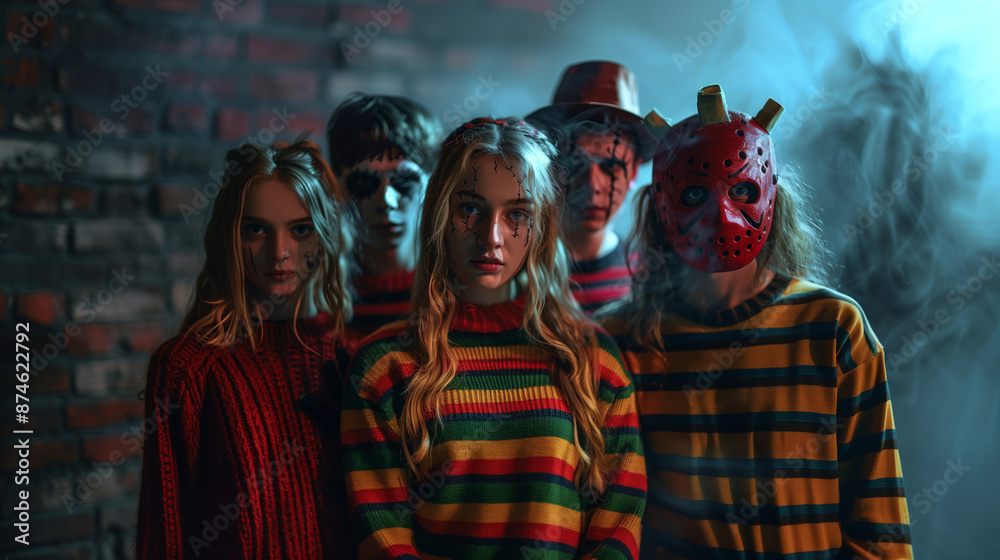 Fototapeta premium Group of young people wearing striped sweaters and gloves Halloween costumes