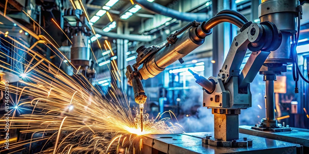 Advanced robotic welding arm precisely joins metal parts amidst sparks and smoke, showcasing cutting-edge technology and innovative manufacturing techniques in a modern industrial setting. Advanced robotic welding arm precisely joins metal parts amidst sparks and smoke, showcasing cutting-edge technology and innovative manufacturing techniques in a modern industrial setting.