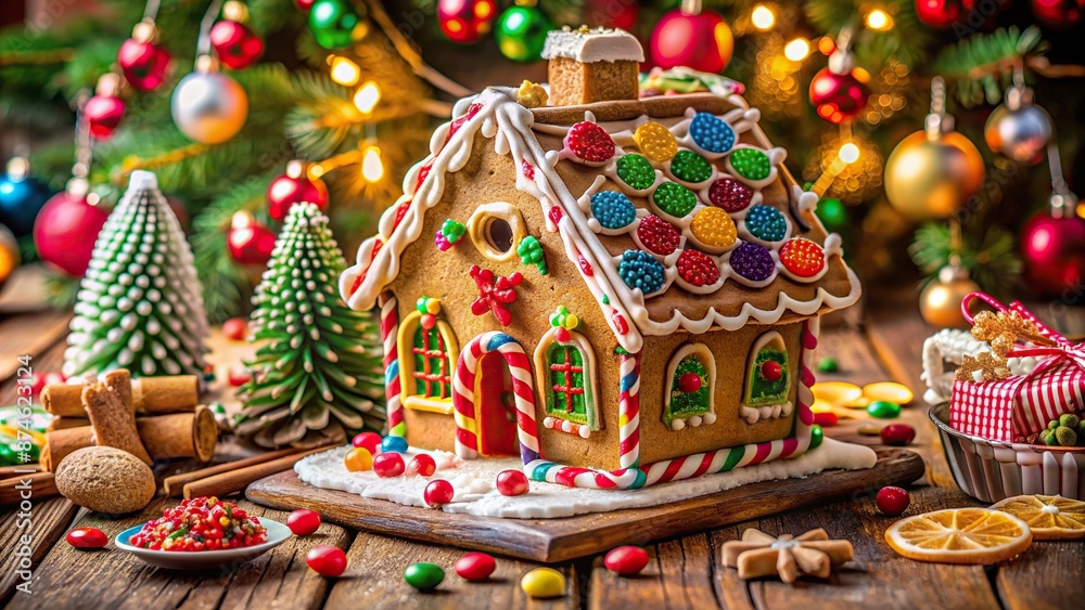 A colorful gingerbread house sits on a festive holiday table, adorned with icing, candies, and sprinkles, surrounded by sweet treats and holiday cheer. A colorful gingerbread house sits on a festive holiday table, adorned with icing, candies, and sprinkles, surrounded by sweet treats and holiday cheer.