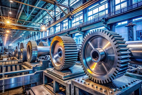 Industrial steel manufacturing facility machinery in action, showcasing powerful gears and mechanical components at work, symbolizing modern technology and industrial strength.