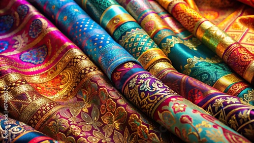 Vibrant silk fabrics with intricate patterns and symbolic motifs from ancient cultural heritage, beautifully draped and lit to highlight their luxurious textures and colors.