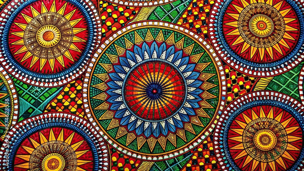 Vibrant colors dance across bold geometric patterns on African wax print fabric, celebrating rich cultural heritage and artistic expression in every intricate, mesmerizing detail. Vibrant colors dance across bold geometric patterns on African wax print fabric, celebrating rich cultural heritage and artistic expression in every intricate, mesmerizing detail.