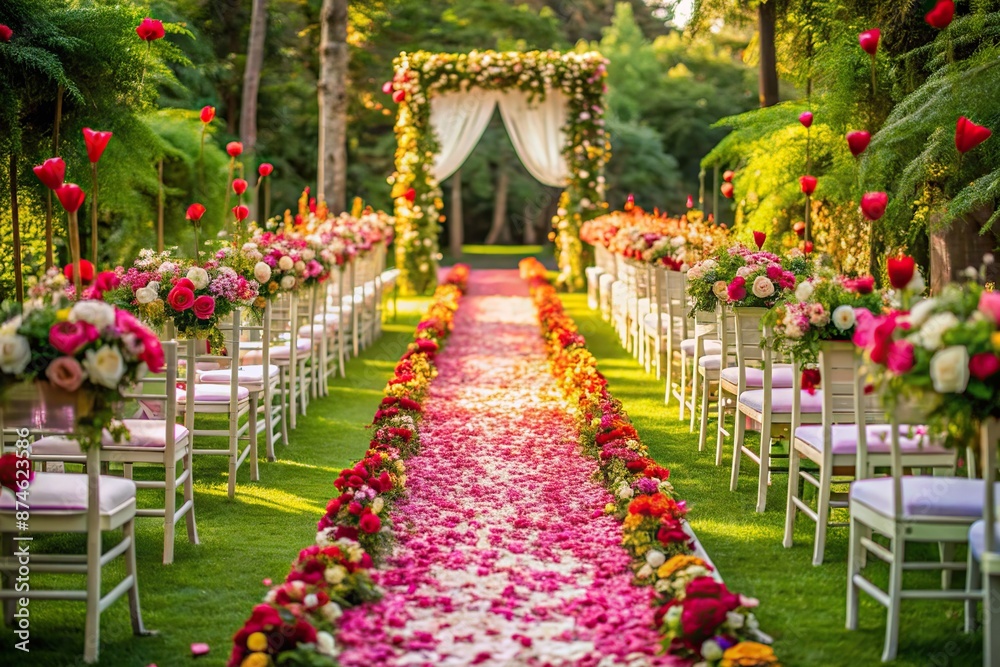 Fototapeta premium Vibrant flowers and lush greenery surround a vacant wedding ceremony aisle, adorned with a sprinkling of delicate petals, radiating joy and celebratory atmosphere.