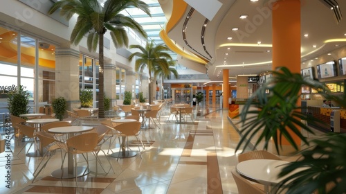 Modern Food Court with Palm Trees