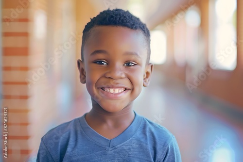 Cinematic shot of African American little boy smiling in a school hallway, bright colors, depth of field. © CREATER CENTER