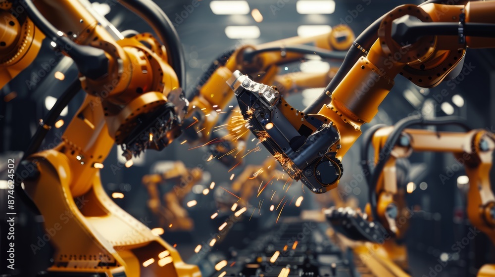 Robotic arms in action, creating sparks with spot welding in a state-of-the-art industrial facility Robotic arms in action, creating sparks with spot welding in a state-of-the-art industrial facility