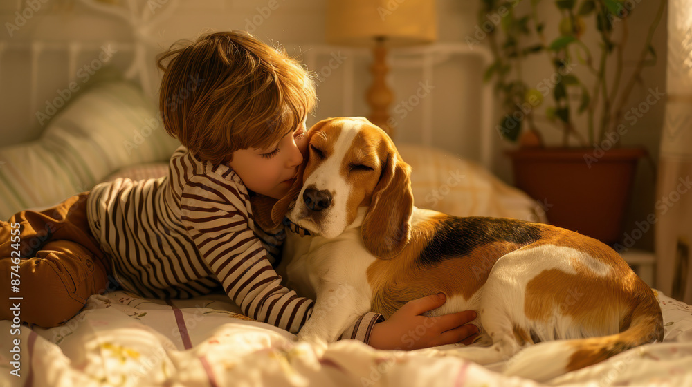 A photograph of a boy hugging his beagle dog on a bed, boy wearing striped shirt and brown pants, dog looking content A photograph of a boy hugging his beagle dog on a bed, boy wearing striped shirt and brown pants, dog looking content