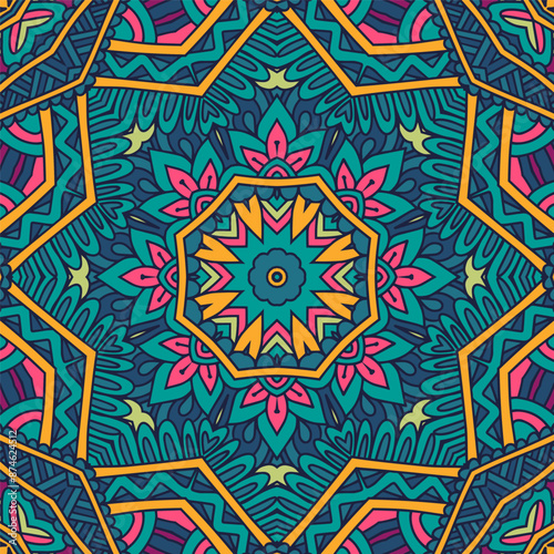 Abstract Festive Mandala vintage indian textile ethnic seamless pattern ornamental. Vector colorful aztec geomertric art background