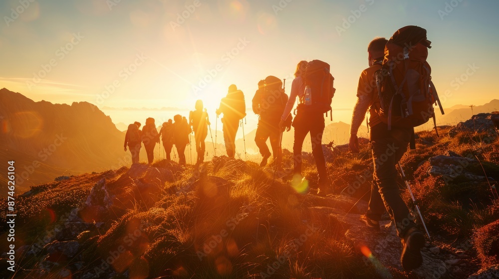 Obraz premium group of people walking between mountains in the middle of a beautiful sunset generative ai