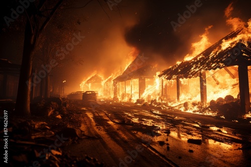 A devastating wildfire engulfs a small town, burning buildings and causing tragic loss. Emergency responders work to contain the chaos and assist affected residents. photo