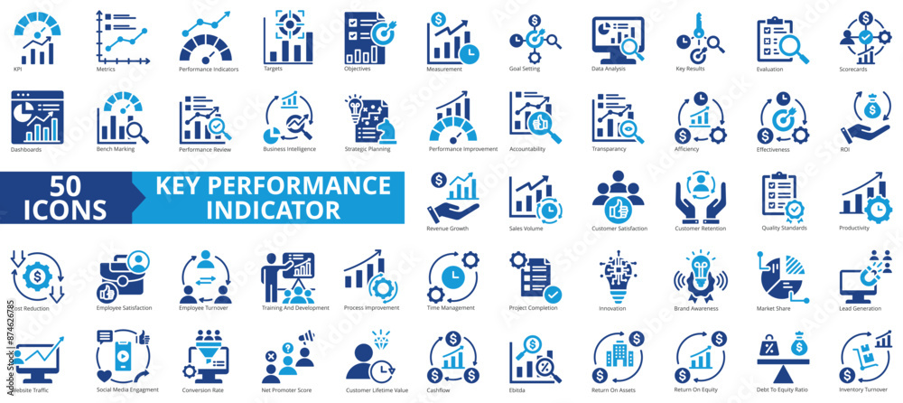 Obraz premium Key performance indicator icon collection set. Containing metrics, performance, indicator, targets, objective, measurement, improvement icon. Simple icon vector illustration.
