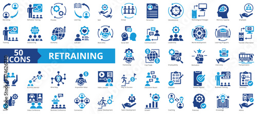 Retraining icon collection set. Containing process, learning, skill, training, soft skill, motivation, internship icon. Simple flat vector illustration.