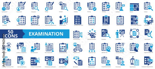 Examination icon collection set. Containing assessment, evaluation, testing, analysis, grading, storing, simulation icon. Simple flat vector illustration.