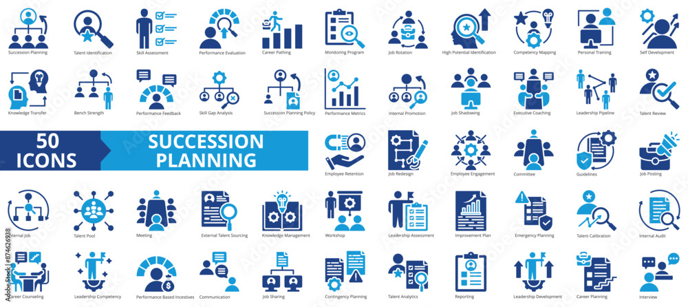 Obraz premium Succession planning icon collection set. Containing talent identification, skill assessment, performance evaluation, career path, job rotation, competence icon. Simple flat vector illustration.