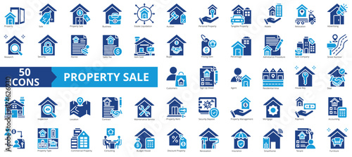 Property sale icon collection set. Containing estate liquidation, business, auction, ownership, management, home relocation, home inspection icon. Simple flat vector illustration.