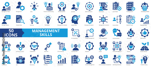 Management skills icon collection set. Containing learning, expertise, job, framework, competence, analysis, implementation icon. Simple flat vector illustration.