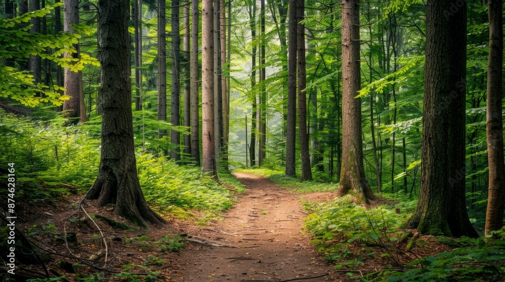 path covered in green leaves, with tall trees on both sides generative ai path covered in green leaves, with tall trees on both sides generative ai