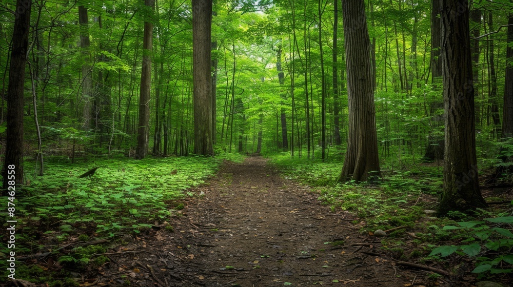 path covered in green leaves, with tall trees on both sides generative ai path covered in green leaves, with tall trees on both sides generative ai