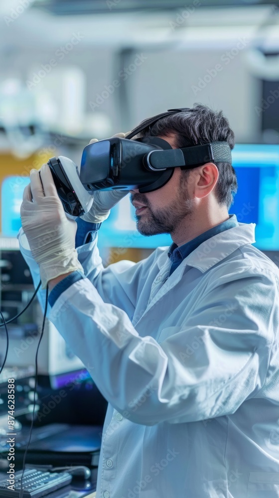 Shot of a scientist using a virtual reality headset while conducting research in a laboratory stock photo Shot of a scientist using a virtual reality headset while conducting research in a laboratory stock photo