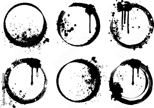 Icon set of round circle grunge dripped frames spray effect brushstroke splash stain. Flat icons vector illustrations isolated on transparent background