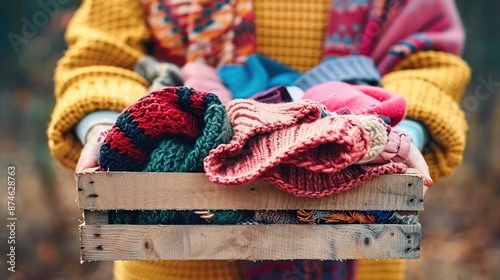 Woman holding a crate of knitted winter accessories