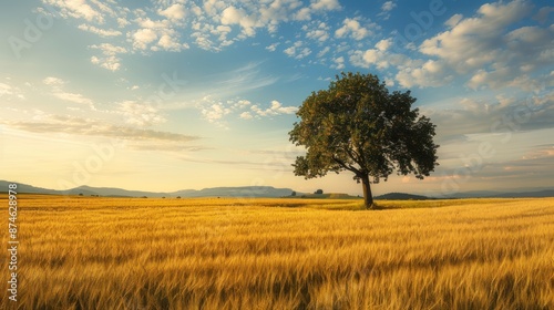 A large tree stands in a field of grass. The sky is cloudy and the sun is setting