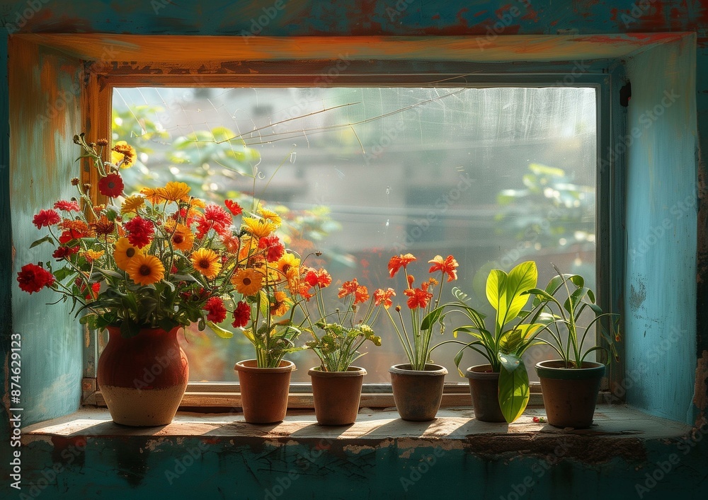 Vibrant Flower Pots on a Rustic Window Sill - Bright Sunlit Home Decor Illustration Vibrant Flower Pots on a Rustic Window Sill - Bright Sunlit Home Decor Illustration