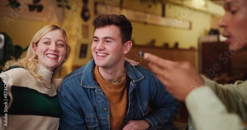 Wallpaper Mural Happy people, friends and cafe with selfie for photography, moment or memory together at indoor restaurant. Man and woman with smile in happiness for picture, capture or friendship at coffee shop Torontodigital.ca