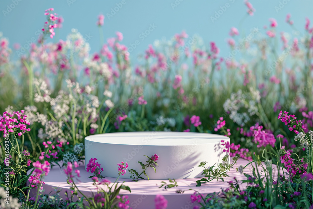 Ceramic podium in Spring meadow with pink and white flowers, floral field background, nature scene with copy space Ceramic podium in Spring meadow with pink and white flowers, floral field background, nature scene with copy space