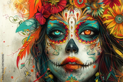 Artistic portrait of a woman with floral face paint and vibrant colors, capturing cultural celebration and artistic expression © Leo