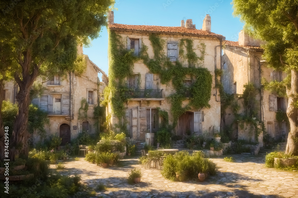 Obraz premium Tranquil Courtyard with Stone Patio and Old Buildings
