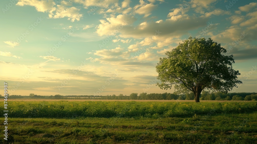 A large tree stands in a field of grass. The sky is cloudy and the sun is setting A large tree stands in a field of grass. The sky is cloudy and the sun is setting
