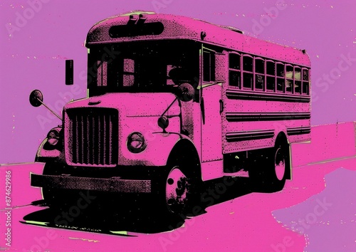 Retro Pop Art Style School Bus Illustration in Vibrant Pink and Black Color Scheme