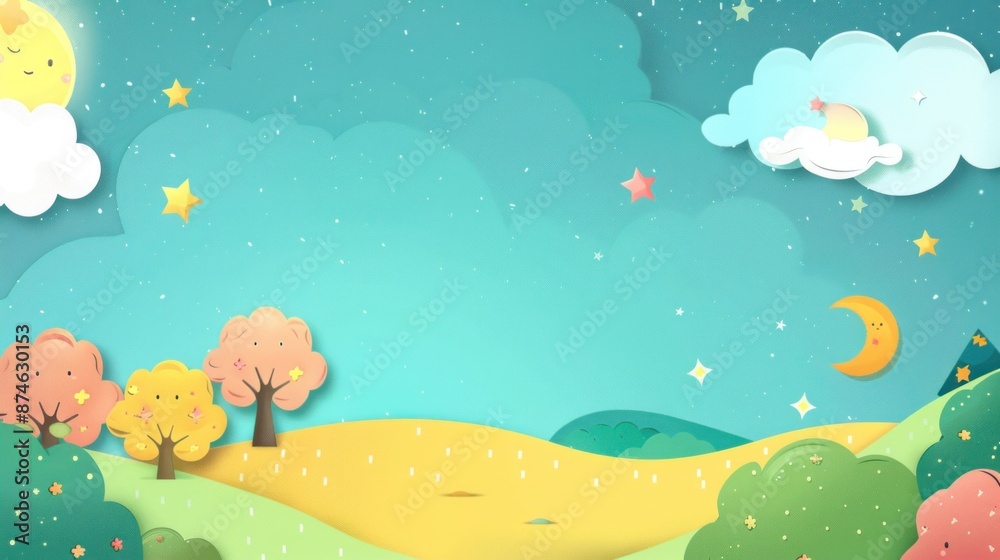 Naklejka premium Illustration cartoon drawing of a field with a moon and stars in the sky