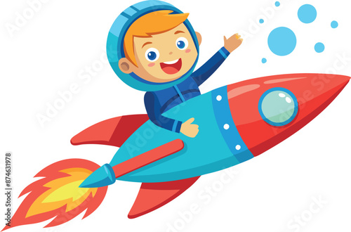 A boy is riding a rocket