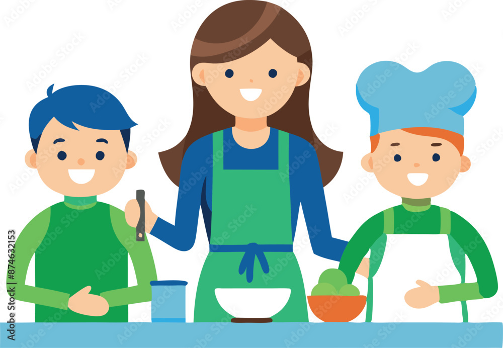 A woman is cooking with two children A woman is cooking with two children