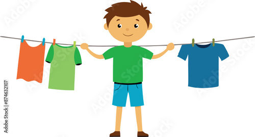 A boy is hanging up his clothes on a clothesline